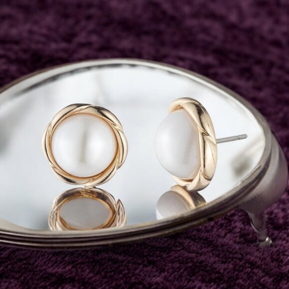 ANNE KLEIN Faux Pearl Twisted Gold-Tone Stud Earrings - Picture 1 of 3